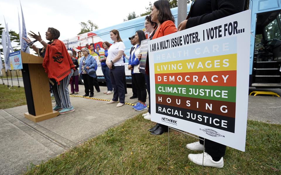 Participants gather at the Nuns on the Bus & Friends rally in Brentwood, New York, on Oct. 2. The event was part of the 2024 "Vote Our Future" national bus tour sponsored by Network, a Washington-based Catholic social justice advocacy nonprofit. The tour began in Philadelphia Sept. 30 and concluded in San Francisco Oct. 18. (OSV News/Gregory A. Shemitz)