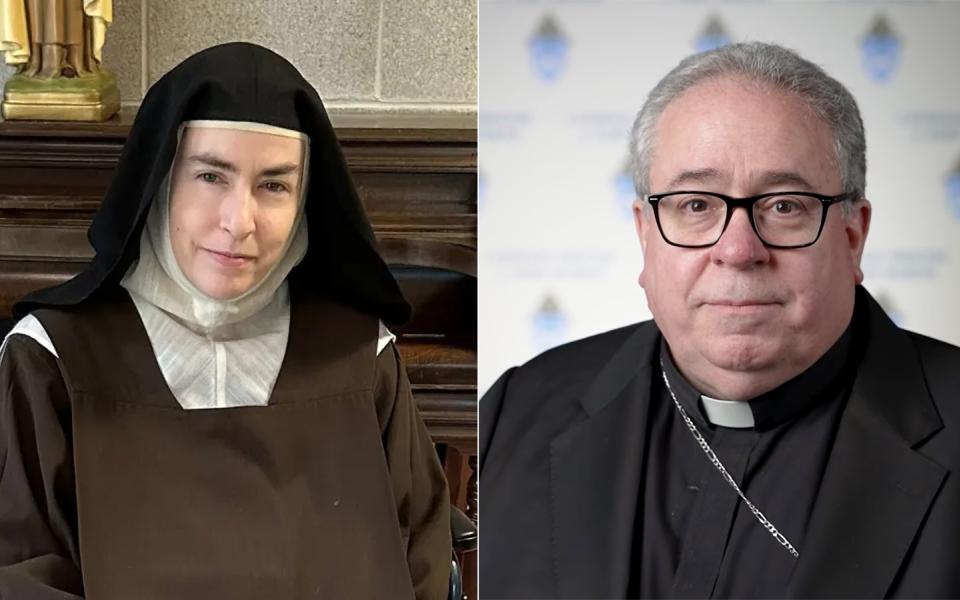 Combination photo of the sister in a traditional, Carmelite habit, and a headshot of the bishop wearing plain black clerics.