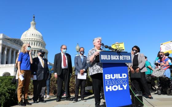 Carol Zinn speaks at Build Back Better event: St. Joseph Sr. Carol Zinn speaks at the Oct. 20 interfaith event calling for Congress to pass President Joe Biden's "Build Back Better" legislation. (Courtesy of NETWORK 