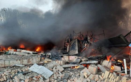 A view shows the Ukrainian State Border Guard Service site damaged by shelling near Kyiv, Ukraine, Feb. 24. (CNS/Reuters/Courtesy of the press service of the Ukrainian State Border Guard Service)