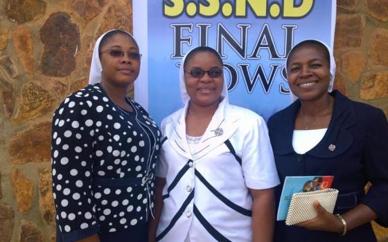 Sr. Comfort Nguvan Anum, Sr. Janet Odey and Sr. Stella Nkechi Anyanwu at their profession of vows with the School Sisters of Notre Dame on April 25, 2015, at the Cathedral of St. John the Baptist in Gboko, Benue State, Nigeria. Each was 38 at the time. (C