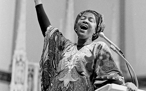 Sr. Thea Bowman, a Franciscan Sister of Perpetual Adoration, during a talk she gave at St. Augustine Church in Washington in 1986 (CNS/Catholic Standard/Michael Hoyt)