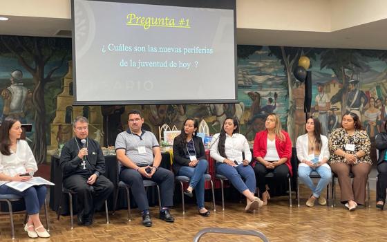 Bishop Oscar Cantú of the Diocese of San Jose, California, is joined by a panel of young people at the Region Eleven Commission for the Spanish Speaking on June 18 at the Mission Basilica San Diego de Alcalá in San Diego. (Yunuen Trujillo)