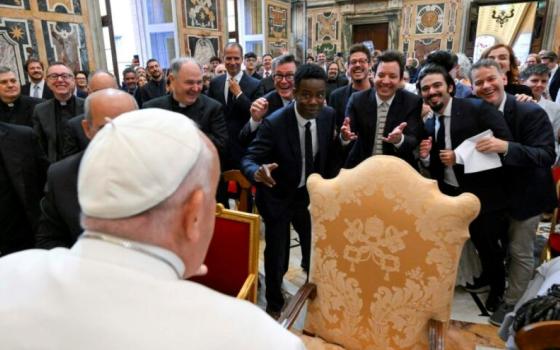 Pope Francis meets with comedians at the Apostolic Palace on June 14  in Vatican City.
