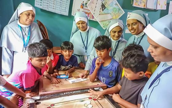 The Sisters of the Destitute team, headed by Sr. Aneesha Arackal (right), organizes play therapy for children affected by the landslides in the Wayanad district of the southwestern Indian state of Kerala. (Courtesy of Aneesha Arackal)