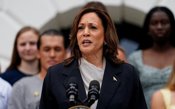 Vice President Kamala Harris delivers remarks to the National Collegiate Athletic Association champion teams in her first public appearance since President Joe Biden dropped out of the 2024 race, on the South Lawn of the White House July 22 in Washington. (OSV News/Reuters/Nathan Howard)