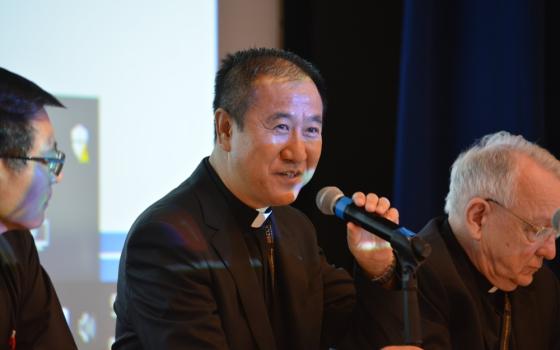 Bishop Pei sits at panel, wearing black clericals, and speaking into microphone. 