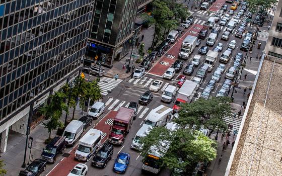 Heavy traffic fills Third Avenue in New York's Manhattan borough near the United Nations, Sept. 20, 2021. (AP/Ted Shaffrey)