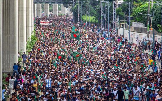 Activists march in Dhaka, Bangladesh, on Aug. 5 to celebrate the resignation of Prime Minister Sheikh Hasina. (Wikimedia Commons/Rayhan9d)