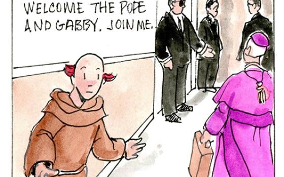 Francis, the comic strip: Brother Leo welcomes Gabby and Francis home from an important trip.