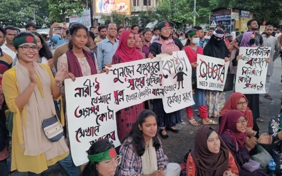 Members of the Anti-Discrimination Student Movement gather in the Shahbagh neighborhood of Dhaka on July 8. The group led protests in July and August that killed more than 700 people. (Sumon Corraya)