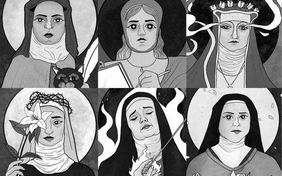 Illustrations of the six Catholic female mystics in history from The Mystics Would Like a Word, written by Shannon K. Evans, NCR culture and spirituality editor. The illustrations are clockwise, from upper left, St. Julian of Norwich, Margery Kempe, St. Hildegard of Bingen, St. Thérèse of Lisieux, St. Teresa of Avila and St. Catherine of Siena. (Illustrations by Dani/andhersaints)