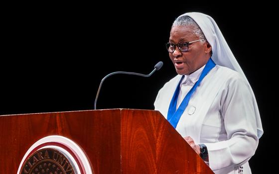 Sr. Francisca Ngozi Uti speaks at the 2024 Opus Prize ceremony Nov. 14 at Santa Clara University in California, where Uti's organization was awarded $1 million. (Courtesy of Santa Clara University)