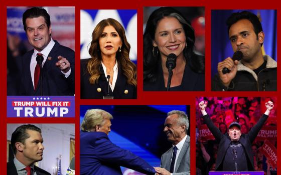 Clockwise from top left: Matt Gaetz (OSV News/Reuters/Mike Blake); Kristi Noem (OSV News/Reuters/Marco Bello); Tulsi Gabbard (OSV News/Reuters/Jeenah Moon); Vivek Ramaswamy (Wikimedia Commons/Gage Skidmore); Elon Musk (OSV News/Reuters/Andrew Kelly); Robert Kennedy Jr. and Donald Trump (OSV News/Reuters/Carlos Barria); Pete Hegseth (OSV News/Reuters/Kevin Lamarque)