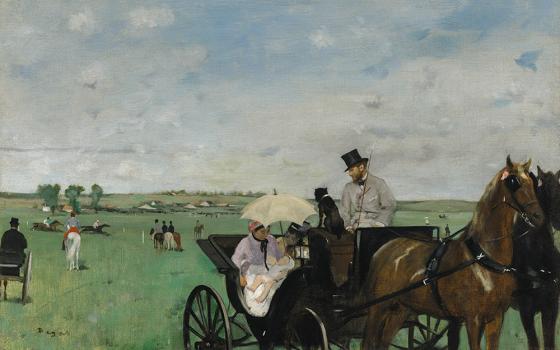 The impressionist artists of "Société Anonyme" broke from tradition not only in style, but also through the portrayal of modern domestic life, with particular attention to women. Edgar Degas, "At the Races in the Countryside," 1869, oil on canvas, displayed in National Gallery of Art's "Paris 1874: The Impressionist Moment" exhibit. (National Gallery of Art)