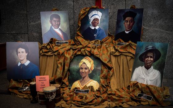 Portraits of six African Americans who are sainthood candidates are displayed in the lobby of the Catholic Center in Baltimore in November 2023 for Black Catholic History Month. The six are: (from left top row) Pierre Toussaint; Mother Mary Lange; and Fr. Augustus Tolton; from left bottom row are Mother Henriette Delille; Sr. Thea Bowman; and Julia Greeley. (OSV News/Catholic Review/Kevin J. Parks)