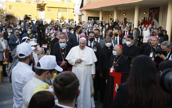 Pope Francis arrives to celebrate Mass at St. Joseph Chaldean Catholic Cathedral in Baghdad March 6, 2021. (CNS/Paul Haring)