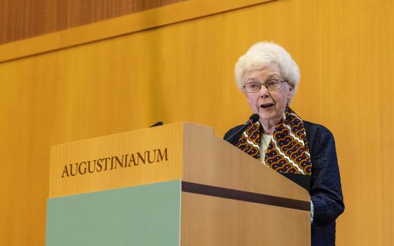 Sr. Anne Victory of the Sisters of the Humility of Mary speaks at the podium after receiving her award at the Sisters Anti-Trafficking Awards, held in Rome in May 2024. (Courtesy of Stefano Dal Pozzuolo)