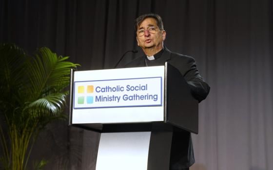 The bishops wears plain black clerics and stands speaking at podium.