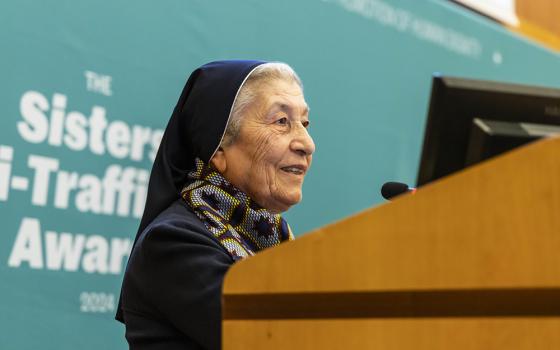 Sr. Marie Claude Naddaf giving a short speech upon receiving the Human Dignity Award for lifetime achievement at the 2024 Sisters Anti-Trafficking Awards. (Stefano Dal Pozzuolo)