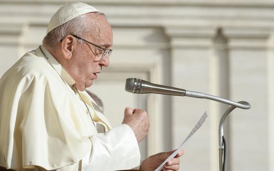 Pope Francis speaks about the role of the Holy Spirit in the church and in the world during his general audience in St. Peter's Square, Oct. 9, 2024,  at the Vatican. (CNS/Vatican Media)