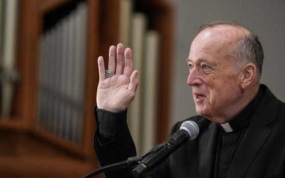 Cardinal Robert McElroy addresses reporters Feb. 27 at the San Diego Archdiocesan Pastoral Center in his final news conference as San Diego's Catholic spiritual leader.(NCR photo//Chris Stone)