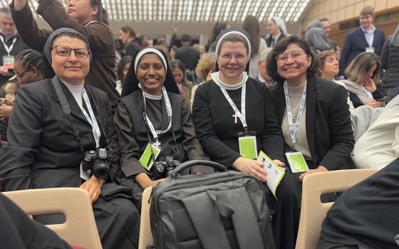 Srs. Rocio Garcia of the Daughters of Mary Immaculate of Guadalupe (Father Plancarte) Mexico, Lismy Parayil of the Congregation of Mother of Carmel of India, Karolina Luczak of the Sisters of the Holy Nazareth from Poland, and Helga Leija of the Benedictine Sisters of Mount St. Scholastica in Atchison, Kansas, in the United States wait for the pope's private audience at the Paul VI Audience Hall Jan. 25, 2025. (Helga Leija)