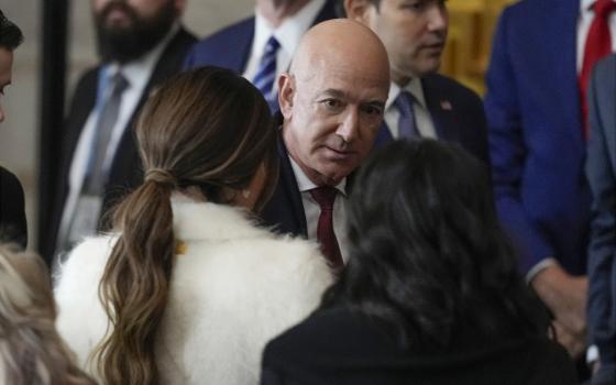 Jeff Bezos arrives before the 60th Presidential Inauguration in the Rotunda of the U.S. Capitol in Washington, Monday, Jan. 20, 2025. (AP Photo/Julia Demaree Nikhinson, Pool)