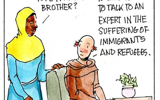 Francis, the comic strip: Francis seeks advice from an expert in the suffering of immigrants and refugees.