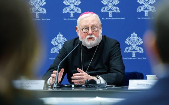 Archbishop Paul Gallagher, Vatican foreign minister, speaks during a news conference at the Vatican, on Jan. 18, 2024. (CNS/Lola Gomez)