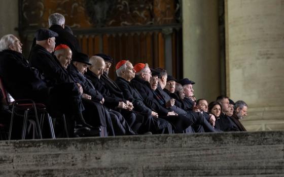  Cardinals living in Rome join Cardinal Víctor Manuel Fernández, prefect of the Dicastery for the Doctrine of the Faith, for the recitation of the rosary for Pope Francis in St. Peter’s Square at the Vatican Feb. 28, 2025. Pope Francis has been hospitalized since Feb. 14 with double pneumonia. (CNS photo/Pablo Esparza)