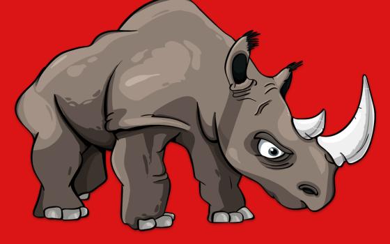 A cartoon rhinoceros against a red background (Pixabay/creozavr)