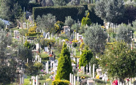 A view of Laurentino cemetery in Rome adorned with flowers and greenery on the feast of All Souls, Nov. 2, 2024. (CNS/Lola Gomez)
