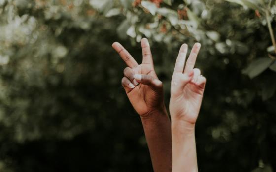 Two hands making the peace sign side by side.