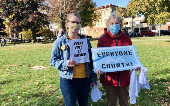 Katie Gordon, left, and Benedictine Sr. Rosanne Lindal-Hynes at a Count Every Vote rally Nov. 4, 2020, in Erie, Pennsylvania. (Provided photo)