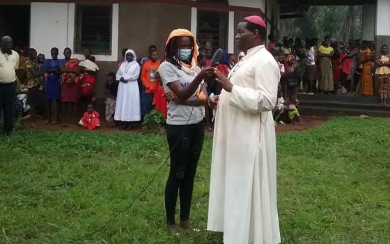 Bishop Eduardo Hiiboro Kussala of the Diocese of Tombura-Yambio, South Sudan, opens a workshop designed to empower girls June 4. (Courtesy of Scholasticah Nganda)