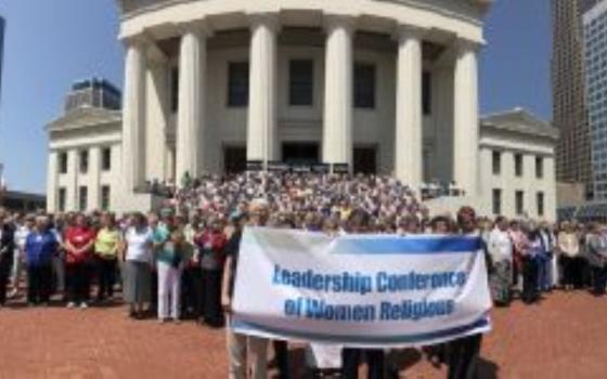 About 800 sister leaders from the Leadership Conference of Women Religious gather Aug. 10, 2018, on the steps of the Old Courthouse in downtown St. Louis after reaffirming a 2016 resolution against racism as part of their annual assembly. 