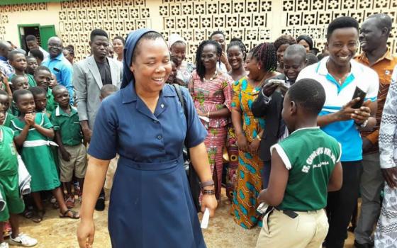 Sr. Bernardine Pemii with students at a rural school in northern Ghana during a training on child protection for teachers (Courtesy of Sr. Bernardine Pemii)