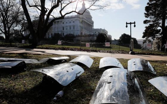 National Guard riot shields are seen outside the U.S. Capitol in Washington Jan. 13, 2021. (CNS/Reuters/Jim Bourg)