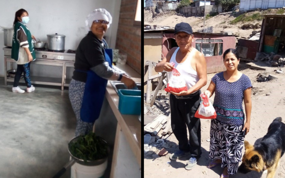 At left, women prepare meals for people in need in the convent kitchen of the Franciscans Missionaries of Mary; at right, a family receives food items during a lockdown for COVID-19. (Marian Champika Hanzege)