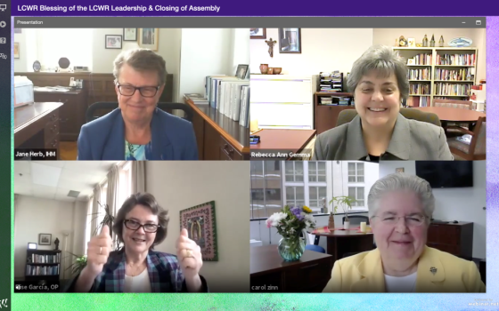 The 2021-2022 leadership team for the Leadership Conference of Women Religious. Clockwise from top left: Sr. Jane Herb, president; Sr. Rebecca Ann Gemma, president-elect; Sr. Carol Zinn, executive director; Sr. Elise García, past-president. (GSR screensho