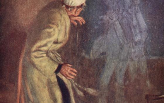 An illustration of Ebenezer Scrooge meeting the ghost of Jacob Marley