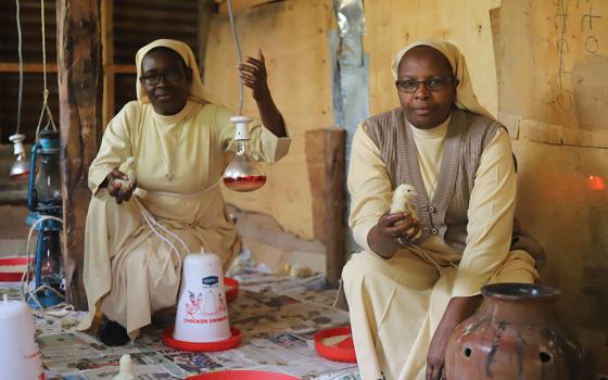 Srs. Florence Anaso (left) and Mary Atema of the Little Sisters of St. Francis of Assisi tend to baby chicks in Jinja, Uganda.