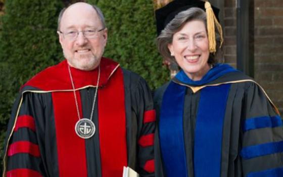 Dominican Sr. Barbara Reid, left, with outgoing president of Catholic Theological Union, Fr. Mark Francis, at his installation as president in the fall of 2013 when Reid was vice president and academic dean. (Provided photo)