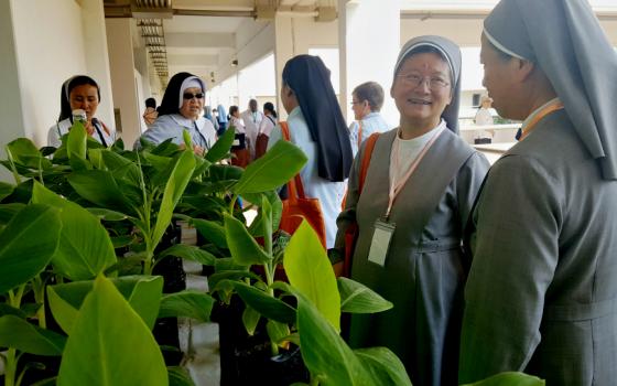 Sr. Joanna Cheung, a Sister of St. Paul de Chartres in Hong Kong, and Sr. Florence Yi, a Sister of St. Paul de Chartres in Yangon, Myanmar, look over plants at the Vegetable and Fruit Research and Development Center in Yangon. (GSR photo / Gail DeGeorge)