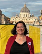 Rev. Angela Nevitt Meyer, of Roman Catholic Womenpriests-USA, poses near St. Peter's Basilica Oct. 2. She and others had prayed that the Catholic Church will open the priesthood to all who feel called to the ministry, particularly women. (NCR photo/Rhina Guidos) 